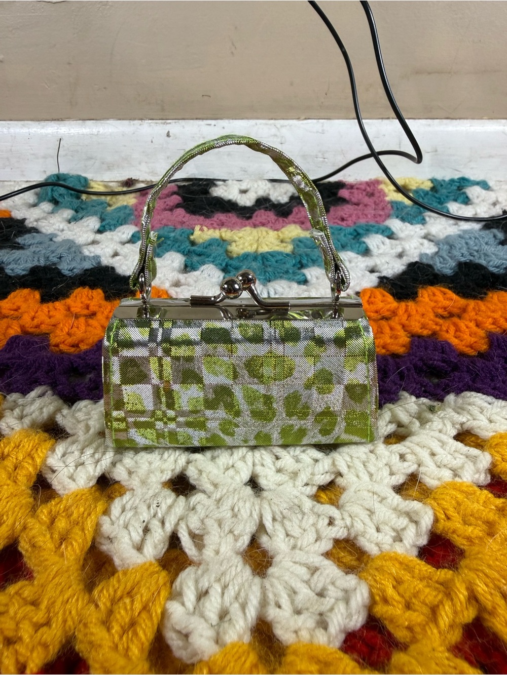 Green Leopard Patterned Micro Top-Handle Clutch Bag